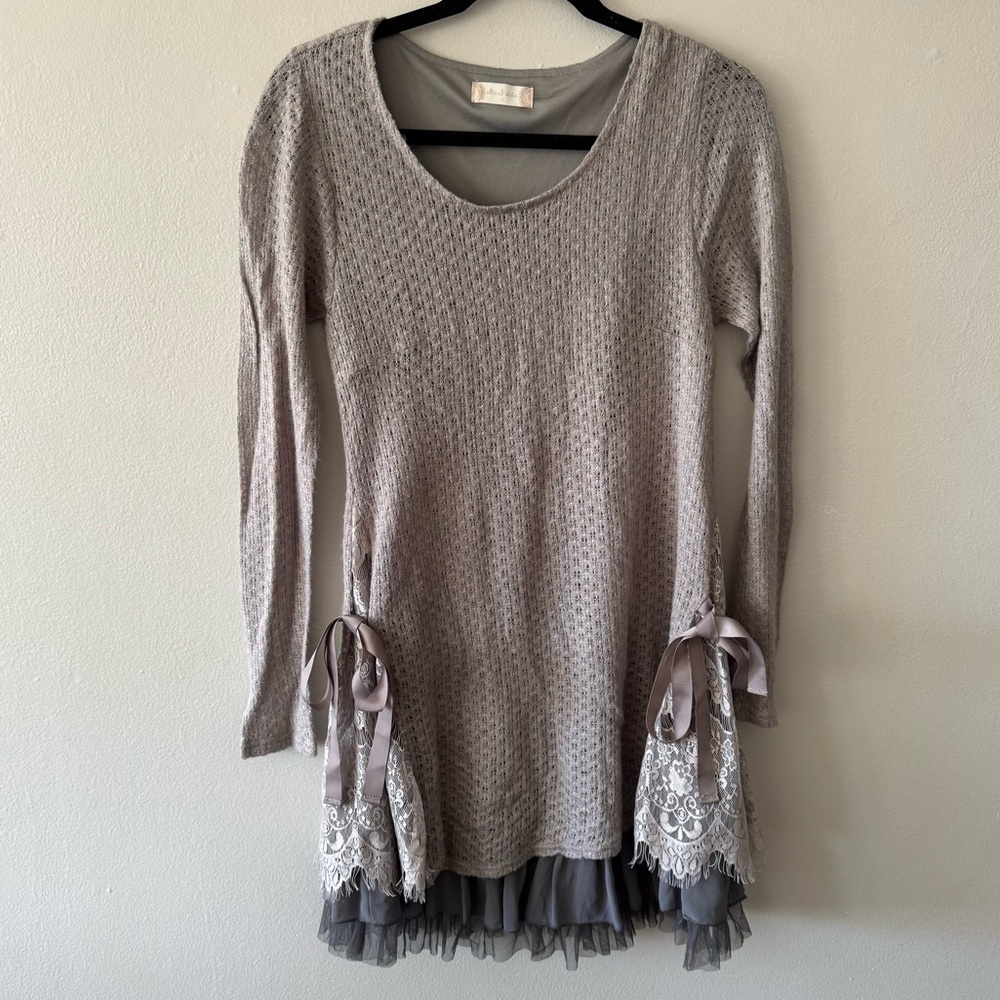 Altar’d State Knit Tunic Sweater Dress lace hem detail grey small